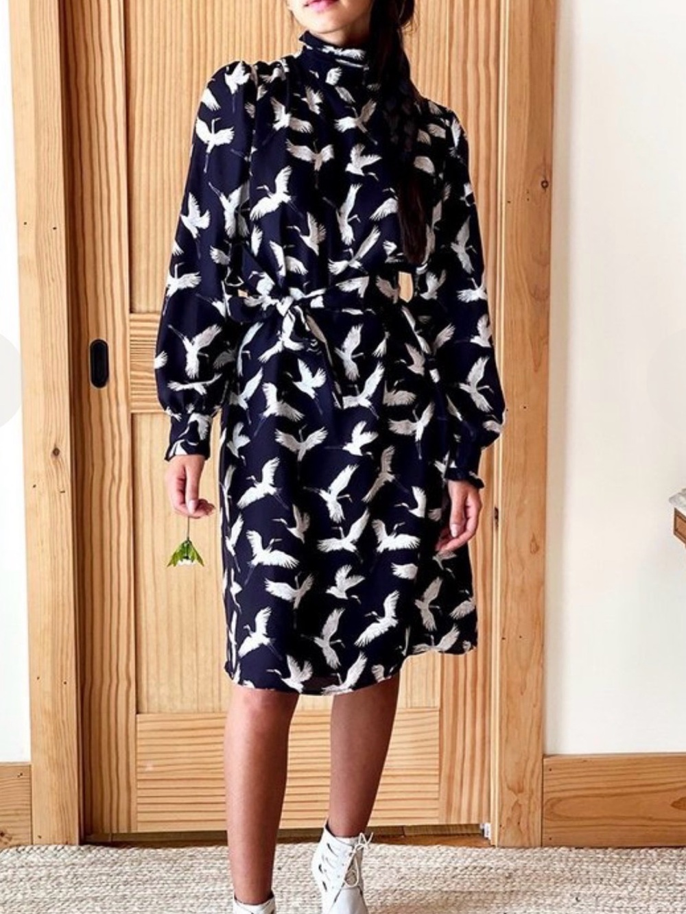 Emerson Fry 100% Silk Crane‎ Print Turtleneck Belted Shirt Dress XXS-M